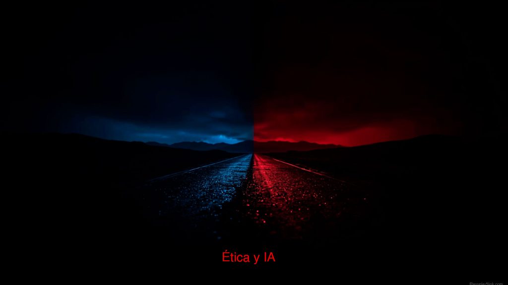 Carretera dividida en dos mitades: una azul que representa la inteligencia artificial ética, y otra roja que simboliza los riesgos éticos de la IA. Contraste visual que ilustra la necesidad de una IA responsable.