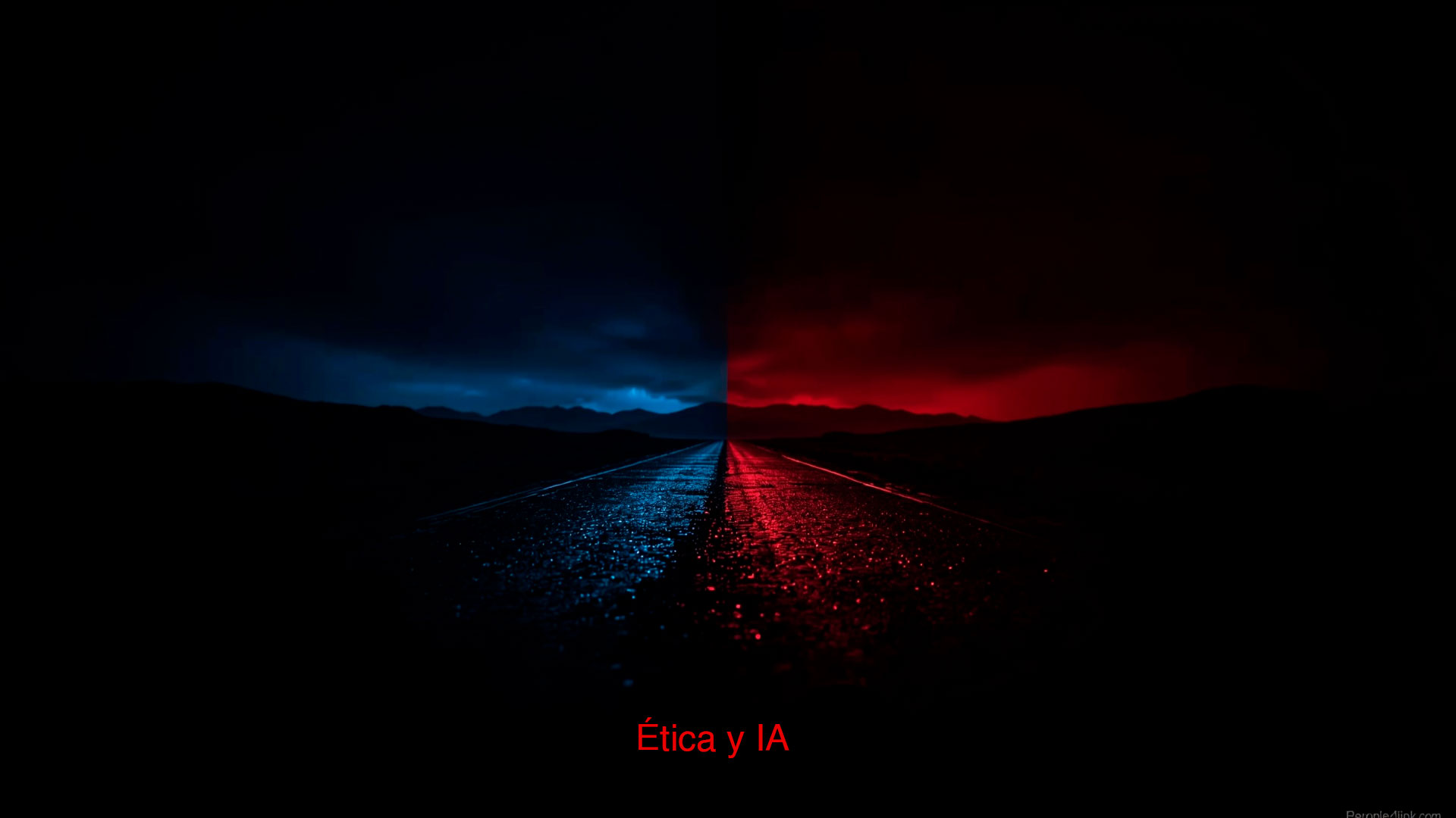 Carretera dividida en dos mitades: una azul que representa la inteligencia artificial ética, y otra roja que simboliza los riesgos éticos de la IA. Contraste visual que ilustra la necesidad de una IA responsable.