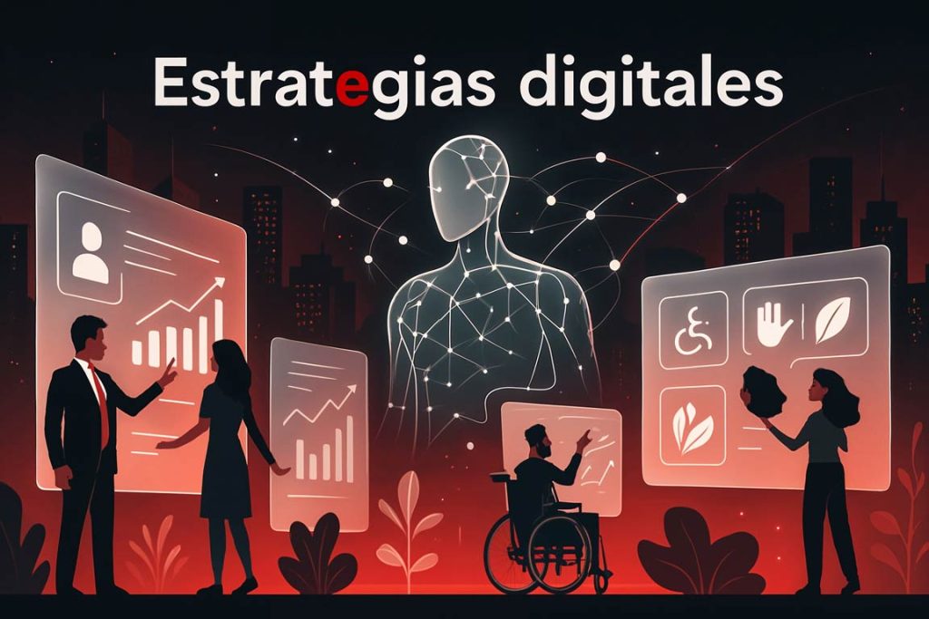 Una ilustración donde figura el texto estrategias de comunicación digital y que evoca una sensación de corporatividad.