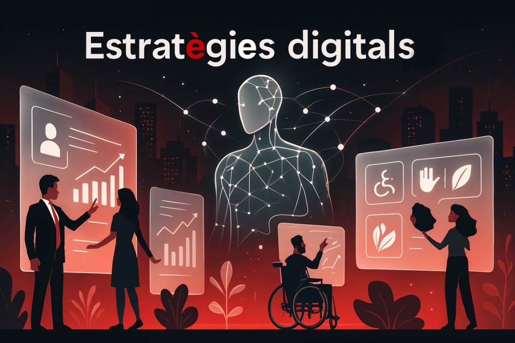 Una il·lustració on figura el text estratègies de comunicació digital i que evoca una sensació de corporativitat.