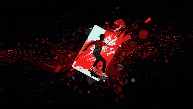 Representación conceptual del rediseño web de la Federació Catalana de Patinatge, donde historia y tecnología se fusionan en una composición dinámica en tonos rojo oscuro, blanco y negro.