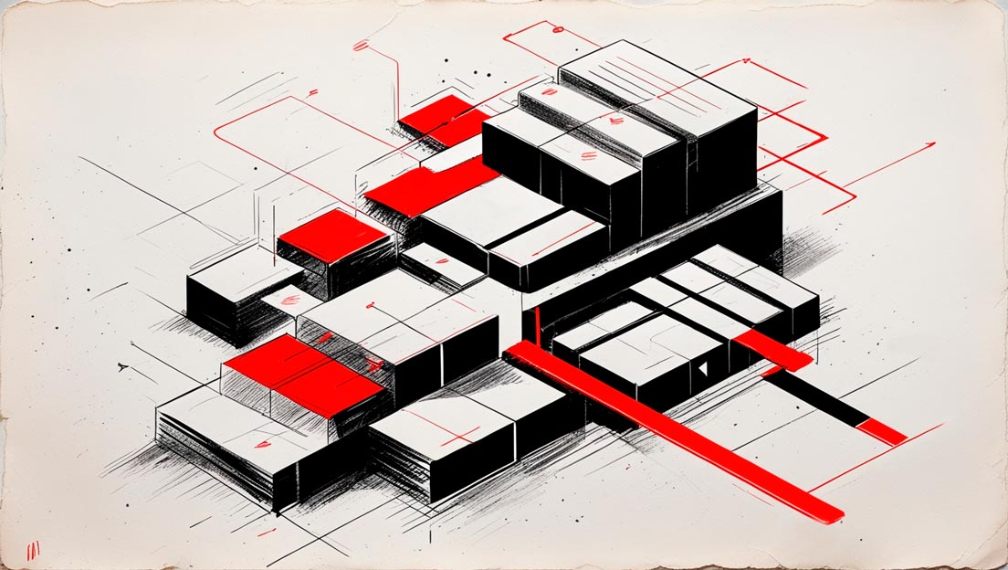 Visualización abstracta de la arquitectura web y la usabilidad aplicada al rediseño del sitio corporativo de Franc Mobiliari, con enfoque en experiencia de usuario y conversión.