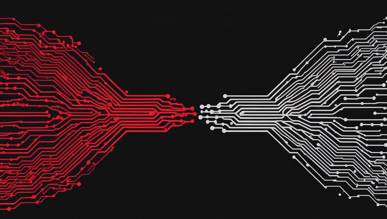 Representación abstracta de nodos interconectados que ilustran un sistema de IA responsable, con rutas claras de supervisión y seguridad.