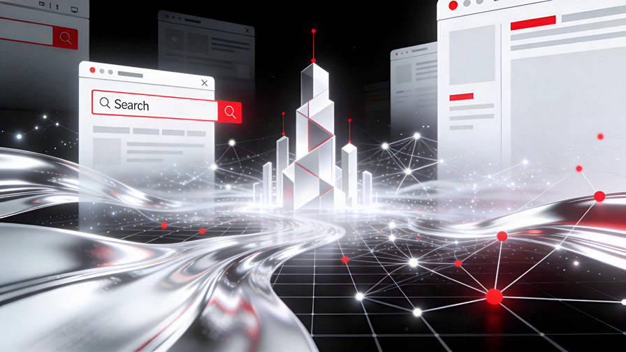 Ilustración abstracta en rojo, blanco y negro que representa la integración entre SEO y GEO mediante estructuras geométricas y flujos de datos digitales conectados.