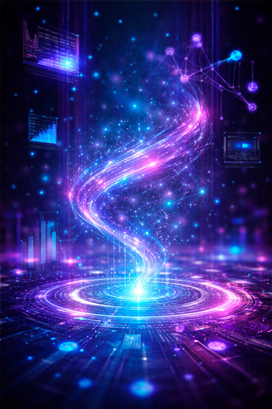 Ilustración digital vertical en estilo futurista y abstracto, con una espiral luminosa de líneas y puntos conectados en tonos azul, violeta y magenta que emerge desde una superficie tecnológica circular, rodeada de partículas brillantes y elementos gráficos sutiles que evocan datos y conectividad.