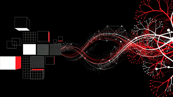 Composición abstracta en tonos rojo, blanco y negro que simboliza la combinación de habilidades humanas y tecnología en el mercado laboral impulsado por la inteligencia artificial.